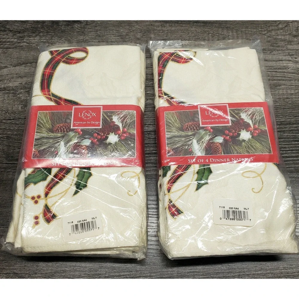 Lenox Holiday Nouveau Dinner Napkins Christmas Plaid Gold Ribbon Set Of 8 New